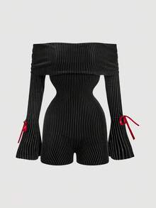 SHEIN MOD 女式露肩蝴蝶结装饰喇叭袖连体裤 - 黑色 - 查看 3