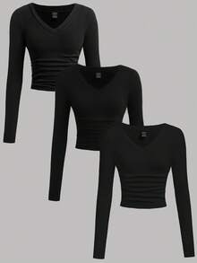 SHEIN EZwear 女款百搭黑色V領長袖修身保暖T恤，休閒百搭，適合秋季日間、夜晚與辦公室穿著 - 黑色 - 查看 3