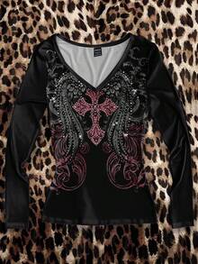 Attitoon Punk Wing Cross Pattern V-Neck Long Sleeve T-Shirt, Suitable For Women, Halloween, Y2K Style, Streetwear, Vintage, Back To School, Retro, Fall, Vacation, Casual Outfits, Autumn/Winter, Hip-Hop, Style Core Aesthetics, Gothic Cybersigilism