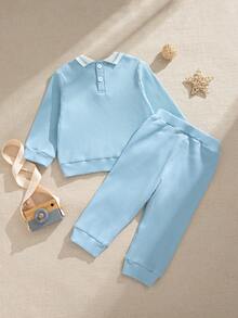 Souflis Souflis 幼儿男童法国复古浅蓝色圆领长袖T恤和罗纹休闲裤套装，适合上学、外出和各种场合 - 藍色 - 查看 3