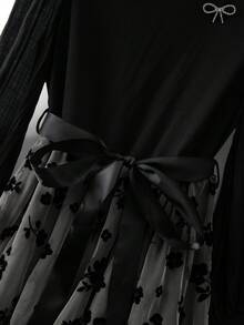 SHEIN Clasi 大码优雅休闲通勤系带腰圆领拼接长袖连衣裙 - 彩色 - 查看 4