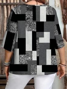 EMERY ROSE Plus Size Casual Colorblock Geometric Pattern Round Neck Shirt, Suitable For Spring And Autumn - Grey - View 2