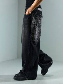 ROMWE MEN Goth 男式印花口袋宽松牛仔裤 - 黑色 - 查看 5