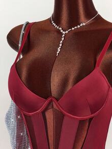 Amplova 女士纯色细肩带镂空性感无袖紧身衣 - 紅色 - 查看 4