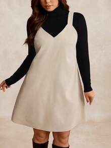 SHEIN LUNE Plus Size Casual Solid Color Sleeveless Dress - Beige - View 3
