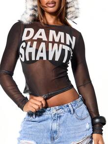 SUMWON WOMEN Sheer Mesh Long Sleeve Crop Top With Bold Statement Print For Night Out Party - Black - View 5