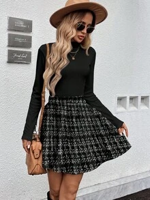 SHEIN LUNE 2pcs/Set Black Ribbed Turtleneck Long Sleeve Top + Plaid A-Line Midi Skirt, Fashionable Casual Outfit For Autumn/Winter