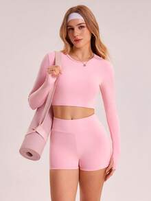 Sovereign Charm 女式纯色圆领长袖露背T恤和紧身裤运动套装 - 粉色 - 查看 6