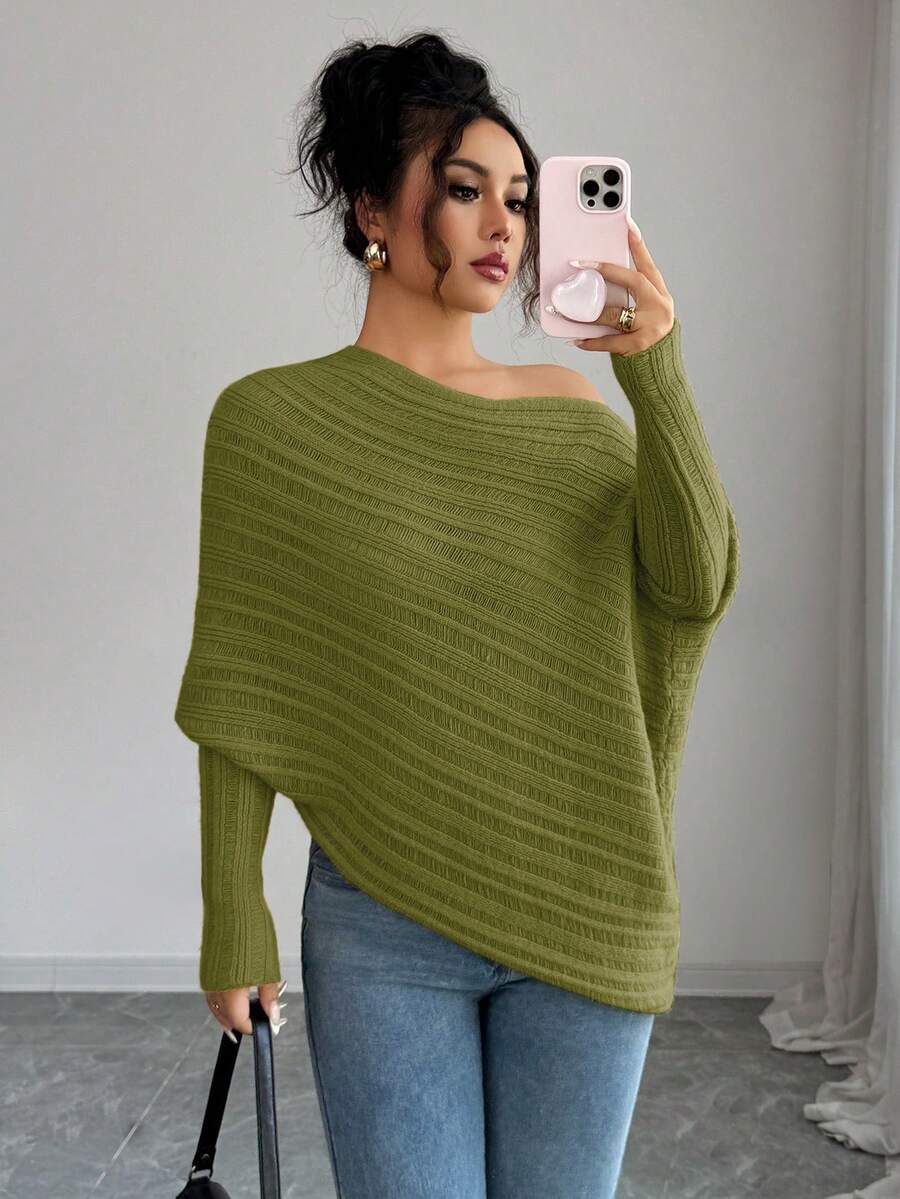 Elenzga 女士秋冬 Anneusta 上衣，适合假日/节日、独立日、音乐会、复古斯德哥尔摩街头风格、教师/办公室穿着，精致优雅的不对称领口长袖褶皱袖口撞色设计，工艺精湛，简约时尚百搭针织衫 - 橄欖綠 - 查看 1