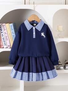 Young Girls Navy Blue Plaid Collar Long Sleeve Embroidered Horse Polo Shirt Top Paired With Pleated Skirt Set, Spring/Autumn, Collegiate Style Children Fashion 2 Pieces Outfit
