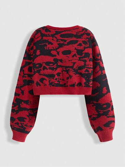 Goth Cárdigan de punto jacquard con calavera gótica y oscura para mujer de talla grande