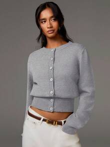 Athîral Women's Gray Autumn Casual Everyday Long Sleeve Button-Up Cropped Cardigan Sweaters,Solid Color Versatile Fall/Winter Knitwear - Light Grey - View 1