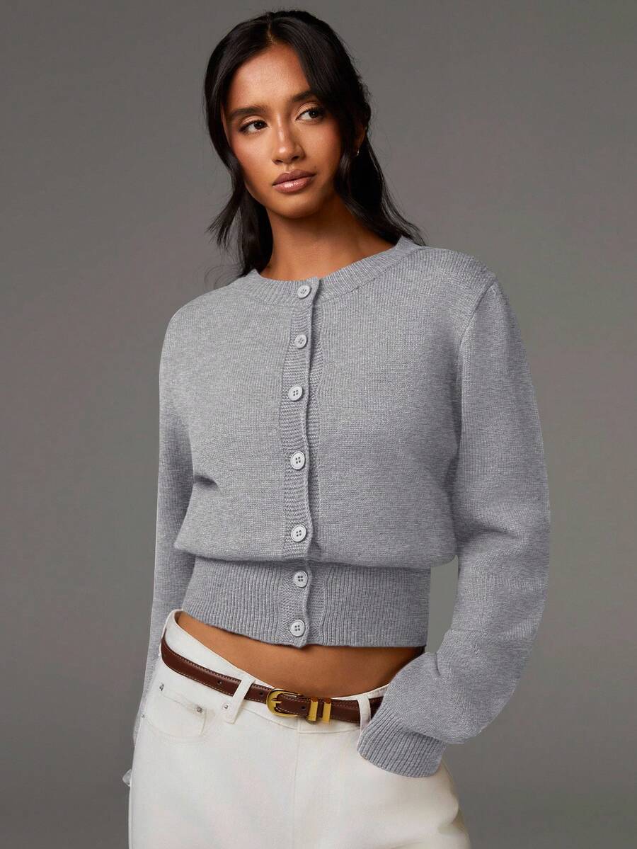 Athîral Women's Gray Autumn Casual Everyday Long Sleeve Button-Up Cropped Cardigan Sweaters,Solid Color Versatile Fall/Winter Knitwear - Light Grey - View 1