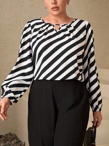 Plus Size Fashionable Commuter Contrast Stripe Shirt Elegant Blouses For Women  Stylish Women's Blouses - Black and White - View 5