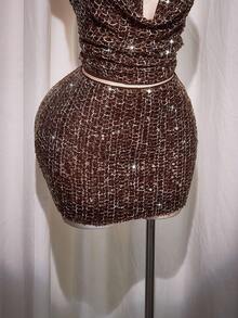 SHEIN ICON Váy ngắn bodycon lấp lánh kim sa cỡ lớn, váy dự tiệc lấp lánh - Màu Đỏ Sâu - Xem 3