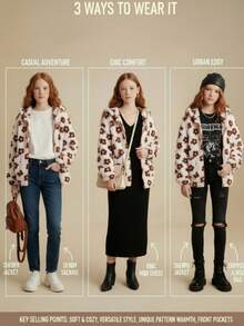 Tween Girl Floral Fuzzy Hooded Zip-Up Jacket, Autumn/Winter Fall - Baby Pink - View 7