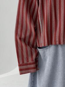 ESTAVOR Men's Striped Pattern Casual Long Sleeve Shirt - Red - View 6