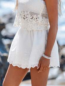 Sylviya Women's Off-White Embroidered High Waisted Shorts,Boho Summer Beach Holiday Fabric,Suitable For Daily Wear, Dates,Music Festivals Vacation - White - View 4