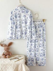 SHEIN 女童休闲兔子印花全拉链连帽衫和裤子两件套家居服套装 - 藍白色 - 查看 2