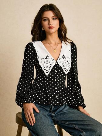 Poéselle 女士波尔卡圆点印花V领镂空优雅长袖衬衫