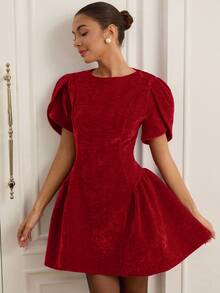 EMERY ROSE Tulip 3D Short Sleeve Round Neck Hem Split Puff Skirt Mini Princess Dress For Women - Burgundy - View 5