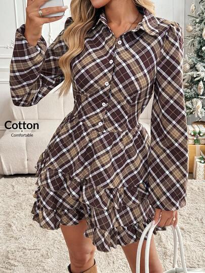 Easowa Autumn/Winter Fashion Plaid Mini Dress For Women, Lantern Sleeve, V-Neck Waist, Layered Ruffle Hem, Bow Back, Half-Placket Shirt Dress Christmas Clothes Winter Women Clothes Women Long Sleeve Dress Checkered Dress Plaid Dress Women Ruffle Hem Dress Button Up Dress