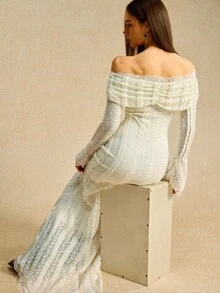 Easelle 复古游牧风露肩收腰喇叭袖浪漫优雅女式连衣裙 - 杏色 - 查看 6