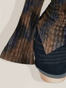 SHEIN ICON 秋季女式加大码西部波西米亚风复古哥特露肩外出扎染印花不对称下摆长袖喇叭袖时尚T恤 - 彩色 - 查看 7