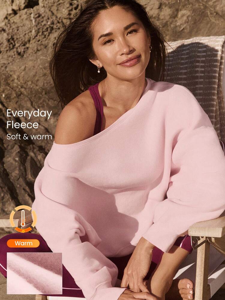 Everyday Fleece Shine Bright Soft Warm Lightweight Oversized Off-The-Shoulder Pullover Sweatshirt Autumn Winter Outdoors Daily Casual Wear