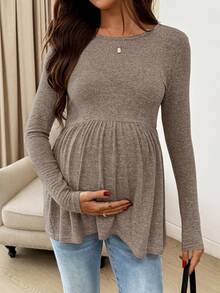 SHEIN Comfortable Khaki Maternity T-Shirt Long Sleeve Round Neck Knitted Flared Long Top - Khaki - View 4