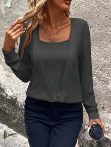SHEIN Clasi Solid Square Neck Sweatshirt,Long Sleeve Top,Graduation,Teacher,Back To School In Fall/Winter - Dark Grey - View 6