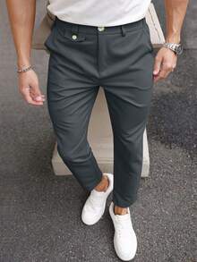 Manfinity Mode 男士休闲日常通勤纯色斜口袋西装裤 - 深灰色 - 查看 4