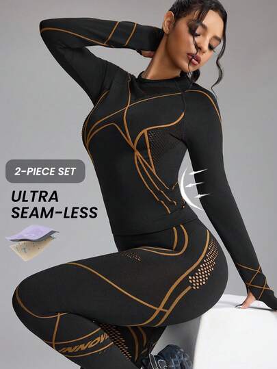 Innovista Innovista Women Black Seamless Sportswear Set,Autumn Athleisure Classy Pilates Outfit,Quick Dry Long Sleeve Top&UV Leggings Tummy Control Compression Shaping