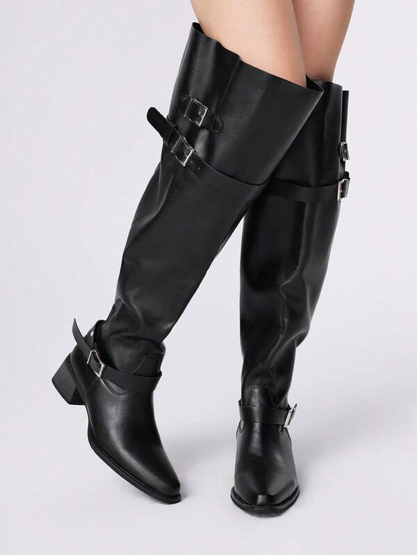 ROMWE Goth Women's Thigh High Boots 2025 New Fashion Autumn Winter Pointed Toe Thick Heel PU Leather Black Dual-Wear Buckle Strap Riding Boots For Christmas
