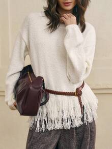 Cévolie Pull casual à franges pour femmes, couleur unie, polyvalent pour l'automne/l'hiver - Nude - Voir 1