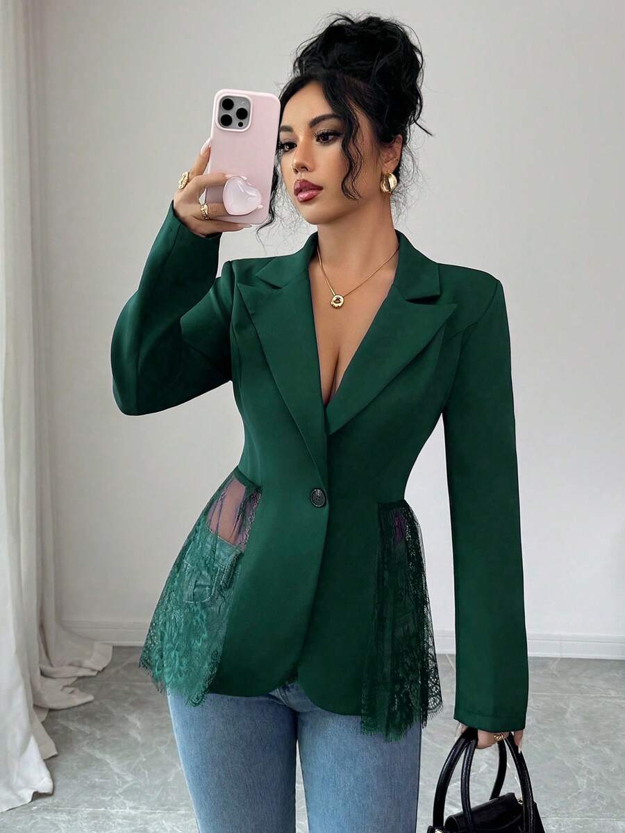 Elenzga Elegante chaqueta de mujer tipo blazer ajustada a la cintura con encaje romántico en contraste - Verde Oscuro - Ver 1