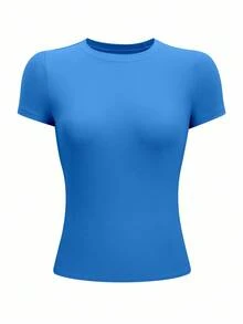 INAWLY 女士修身圆领T恤，天蓝色短袖上衣 - 藍色 - 查看 3