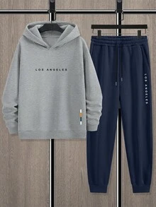 Manfinity Homme Loose Fit Men's Letter Printed Hoodie And Sweatpants Two Pieces Set Los Angeles Outfit, For Winter, Thermal Lined - Multicolor - View 2