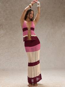 SHEIN Glamour Pink Stripe,Autumn,Boho,Vacation,Holiday Ladies' Elegant Knit Sleeveless Top & Long Hem Skirt Two Pieces Set,Fashion Crochet Party Outfit - Multicolor - View 6
