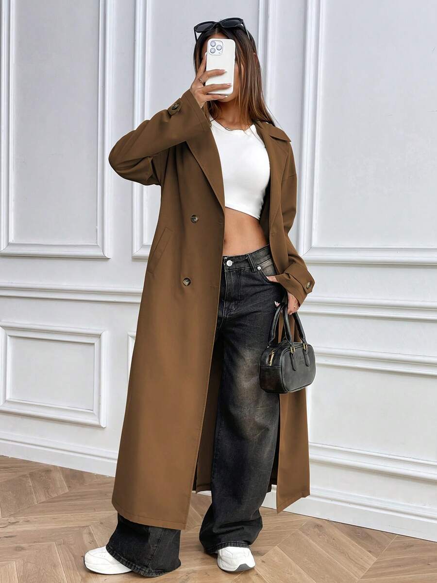 Chiquease 女式双排扣长袖风衣 - 紫紅色 - 查看 1