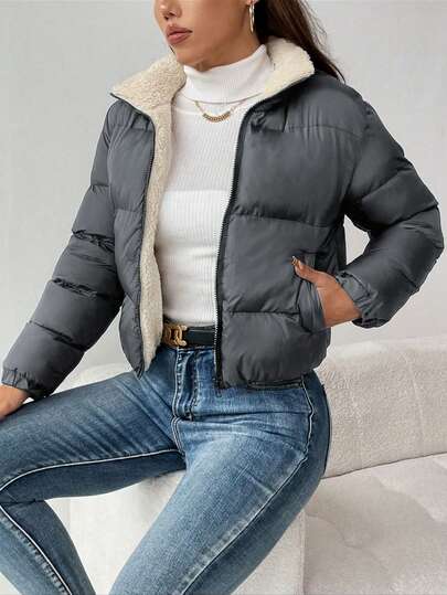 SHEIN PETITE Women's Dropped Shoulder Long Sleeve Warm Fleece Casual Padded Coat, Versatile For Winter