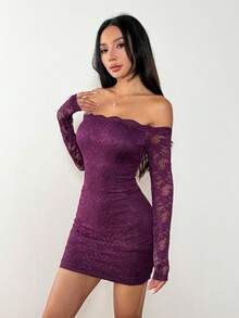 SHEIN PETITE Váy ngắn hở vai tay dài phối ren chắp vá dành cho nữ, Đầm mùa hè Quần áo mùa xuân - Màu tím - Xem 7