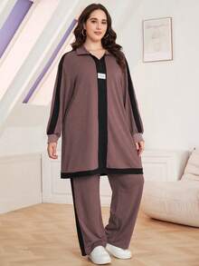 Lacomfia 2pcs Plus Size Casual Color Block Stand Collar Loose Top And Pants Set, Autumn 2 Pieces Set - Dusty Pink - View 3