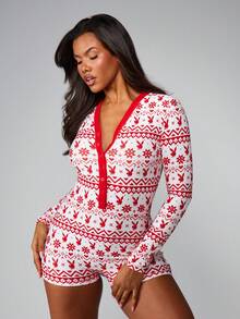Missguided x Playboy Jul Fair Isle V-ringad julsparkdräkt - Rött och Vitt - Visa 4