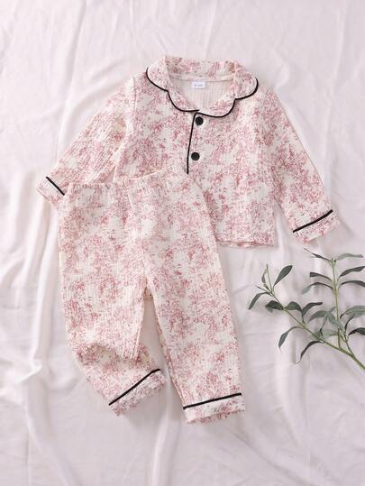2pcs Baby Girls' Soft Cotton Butterfly & Bear Print Layered Tulle Trim Long Sleeve Top And Pants Pajama Set, Beige