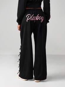 Missguided x Playboy 宽腿图案慢跑裤，侧面系带细节和印花 - 黑色 - 查看 1