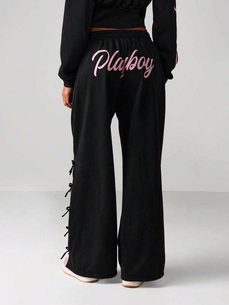 Missguided x Playboy Wide Leg Graphic Joggers With Side Lace Up Details And Print
