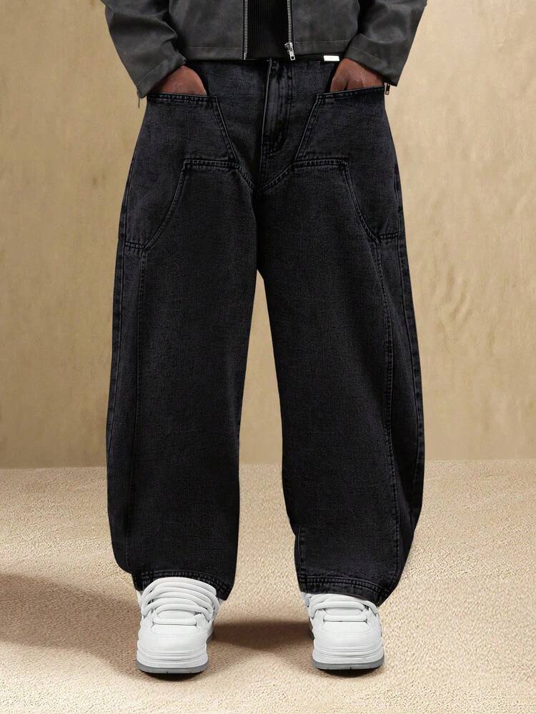 Calça Denim larga com bolsos aplicados e lavagem