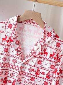 1 Set Teen Girls' Christmas Red Fair Isle Snowman & Deer Print Flame Retardant Cardigan Long Sleeve & Pants Pajama Set
