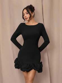 SHEIN PETITE Elegant Black Autumn Long-Sleeved Mini Dresses,Sweet Ballet Tulip,High-Quality Textures Christmas New Year Outfits,Bar Party Valentine's Day ,Petite Women - Black - View 6